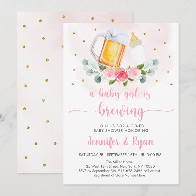 Invitation Le bébé brasse le Baby shower Floral d'or rose (Devant / Derrière)