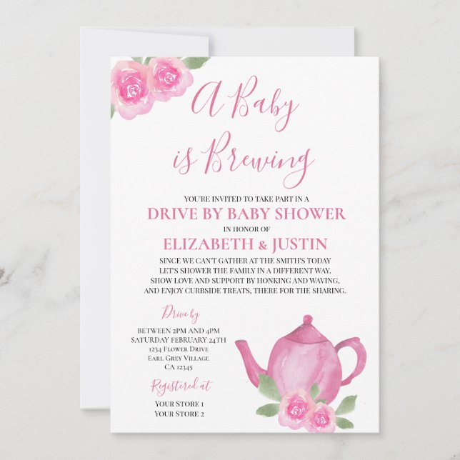 Invitation Le bébé brasse une théière rose par Baby shower (Devant)