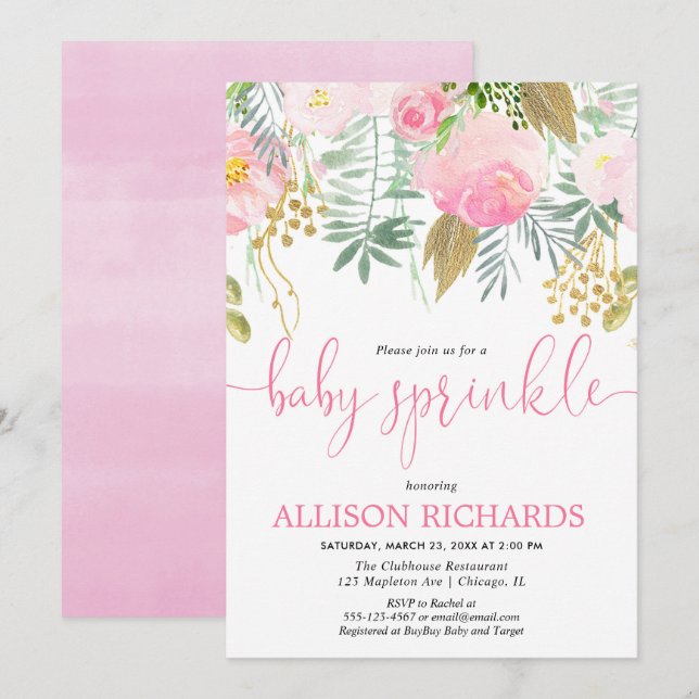 Invitation Le bébé de fille arrosent la verdure rose d'or (Devant / Derrière)