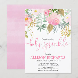 Invitation Le bébé de fille arrosent la verdure rose d'or