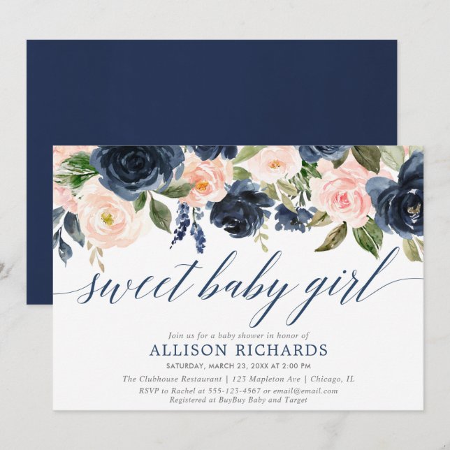 Invitation Le bébé doux rougissent et le baby shower de fille (Devant / Derrière)