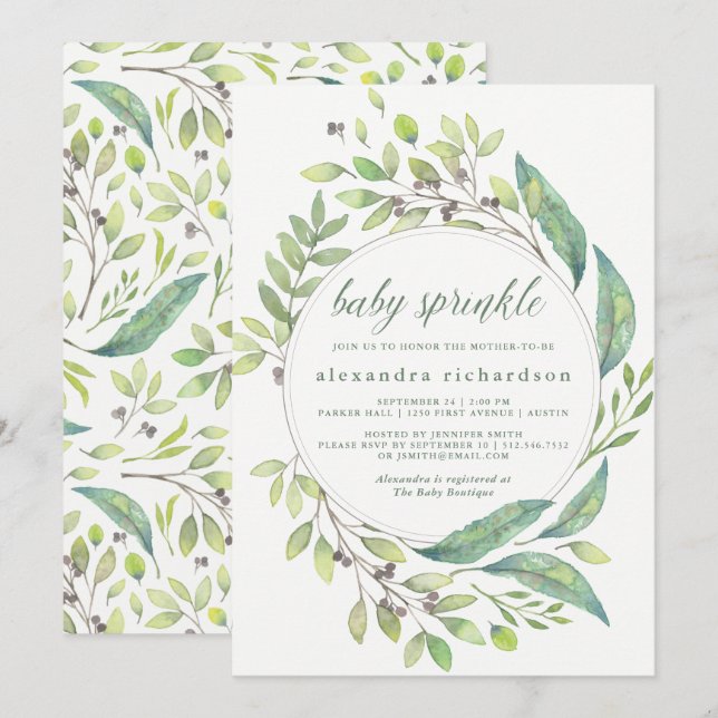Invitation Le bébé feuillu de guirlande d'aquarelle du vert | (Devant / Derrière)