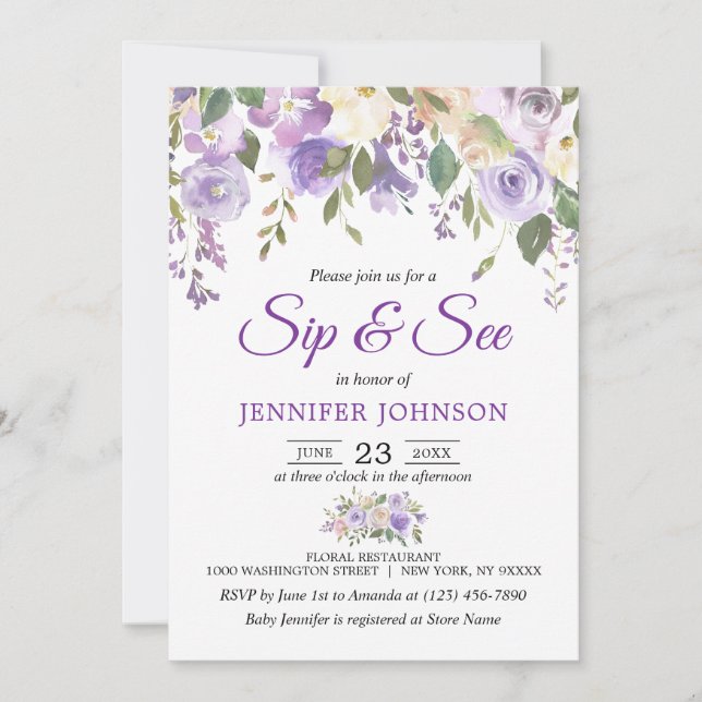 Invitation Le bébé pourpre SIP de lavande florale d'aquarelle (Devant)