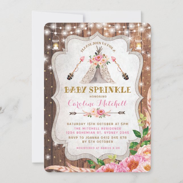 Invitation Le bébé tribal de Boho arrosent le Tipi floral (Devant)