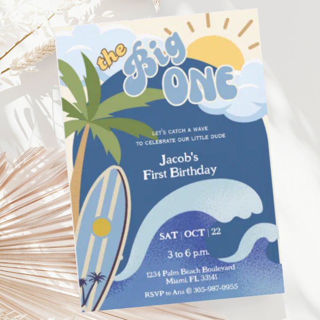 Invitation Le Big One Blue Retro Surfing premier anniversaire (Créateur téléchargé)