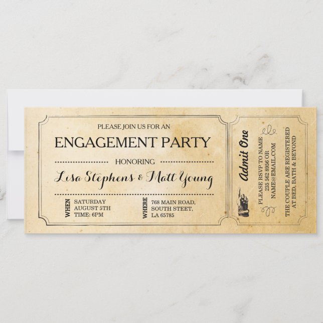 Invitation Le billet de partie de fiançailles couple (Devant)