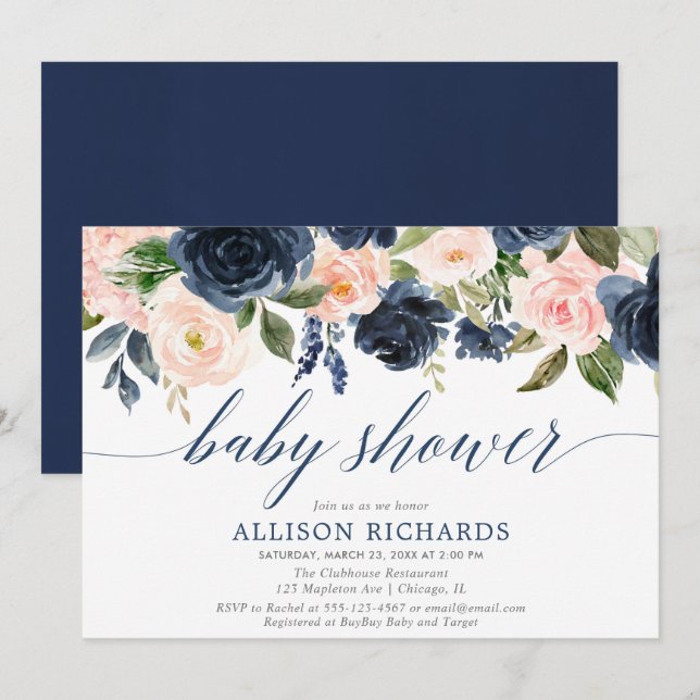 Invitation Le bleu marine et rougissent baby shower élégant (Devant / Derrière)