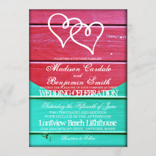 Invitation Le bois turquoise rouge embarque de doubles coeurs