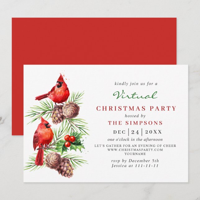 Invitation Le cardinal rouge Holly Berry fête de Noël VIRTUEL (Devant / Derrière)