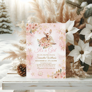 Invitation Le cerf d'hiver rose est un Baby shower de fille