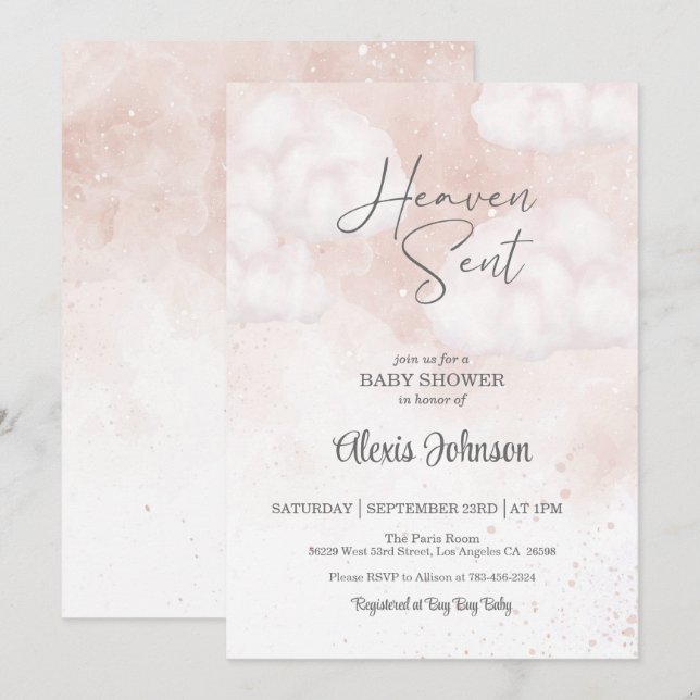 Invitation Le ciel a envoyé Baby shower rose (Devant / Derrière)