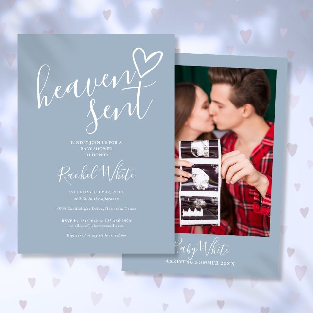 Invitation Le ciel a envoyé Dusty Blue Photo Boy Baby shower (Heaven Sent Dusty Blue Photo Boy Baby Shower Invitation)