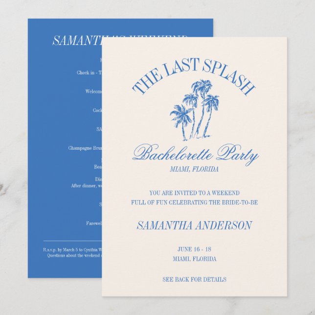 Invitation Le Dernier Splash Blue Retro Beach (Devant / Derrière)