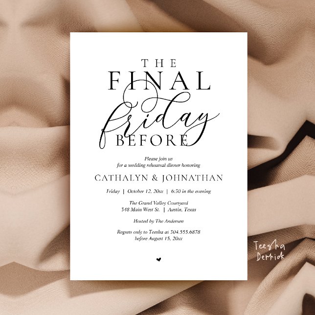 Invitation “Le dernier vendredi avant” Dîner de répétition ch (“The Final Friday Before” Romance Classy Rehearsal Dinner Invitation Card in Black and White)