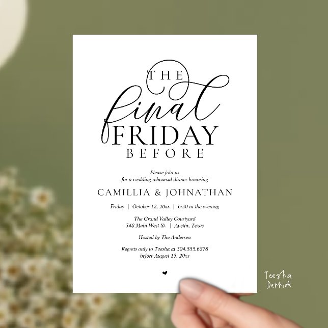 Invitation “Le Dernier Vendredi Avant” Dîner de Répétition Ro (“The Final Friday Before” Romance Rehearsal Dinner Celebration Invitation Card in black and white)