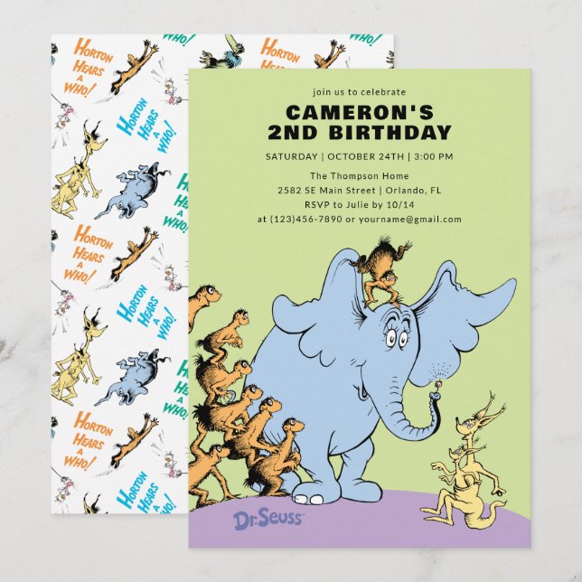Invitation Le Dr Seuss Horton entend un Qui ! | ANNIVERSAIRE  (Devant / Derrière)