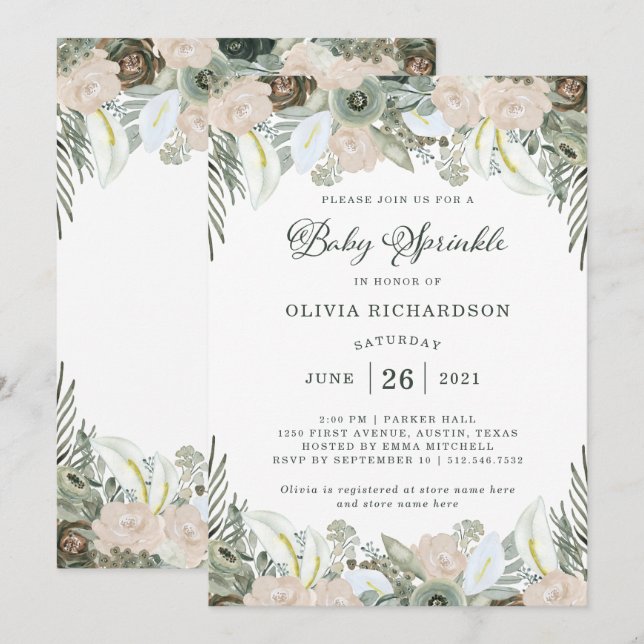 Invitation Le feuillage et le bébé floral de vert sauge de | (Devant / Derrière)