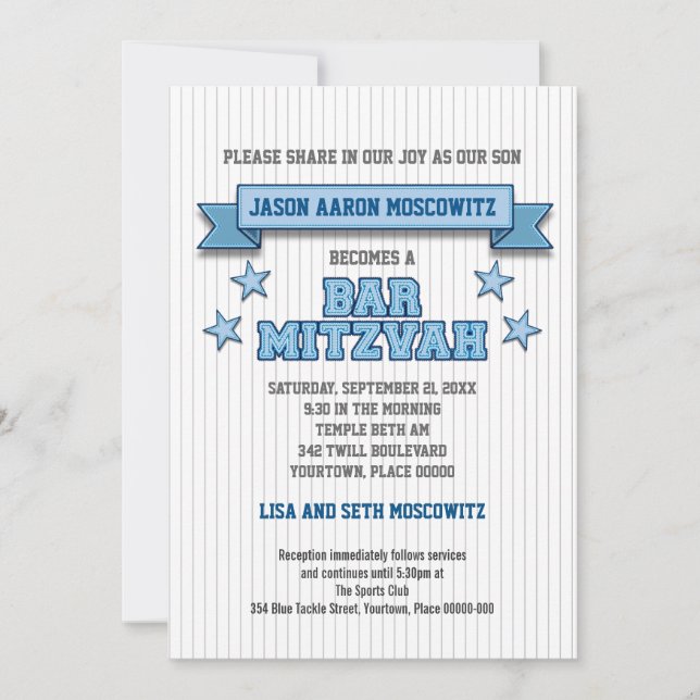 Invitation Le filet bleu folâtre la barre Mitzvah de sergé (Devant)