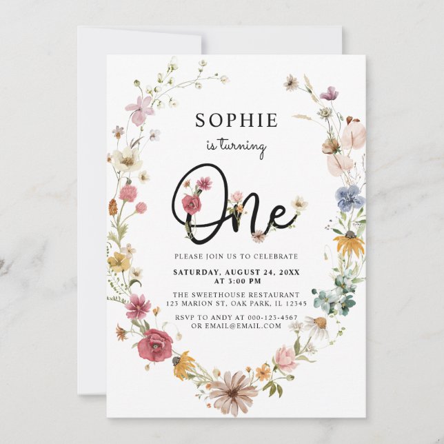 Invitation Le fleur sauvage devient une fille de 1er annivers (Devant)