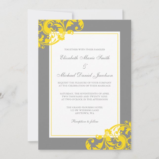 Invitation Le Flourish jaune et gris tourbillonne mariage (Devant)