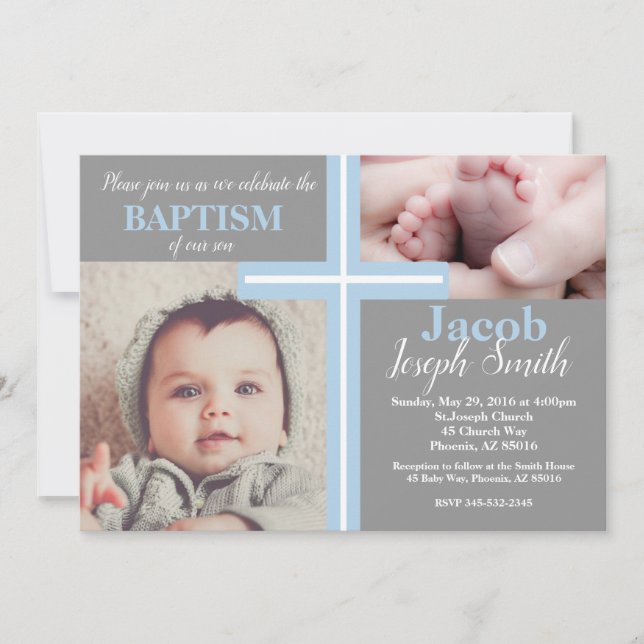 Invitation Le garçon gris religieux de baptême bleu baptisent (Devant)