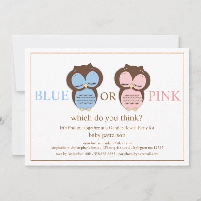 Invitation Le genre bleu ou rose de bébé de petits hiboux (Devant)