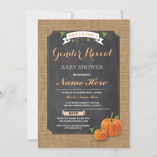 Invitation Le genre de baby shower de citrouille indiquent (Devant)
