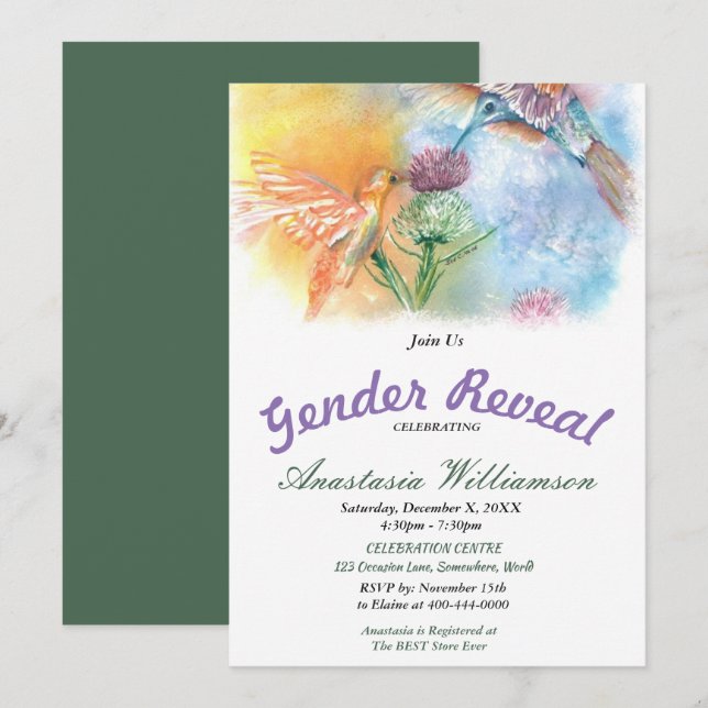 INVITATION LE GENRE DE BÉBÉ DE COLIBRIS INDIQUENT (Devant / Derrière)