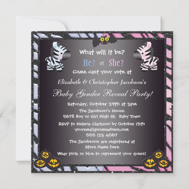 Invitation Le genre de bébé de Halloween indiquent des zèbres (Devant)