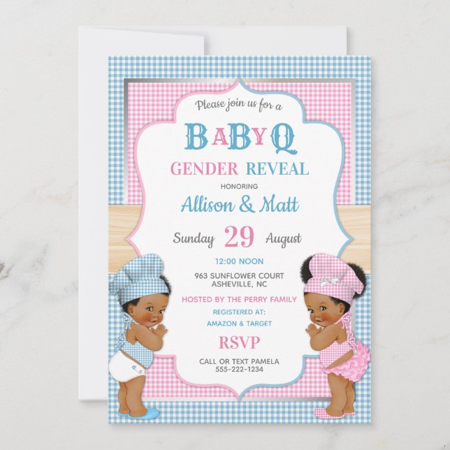 Invitation Le genre indiquent le guingan bleu rose de BBQ du (Devant)
