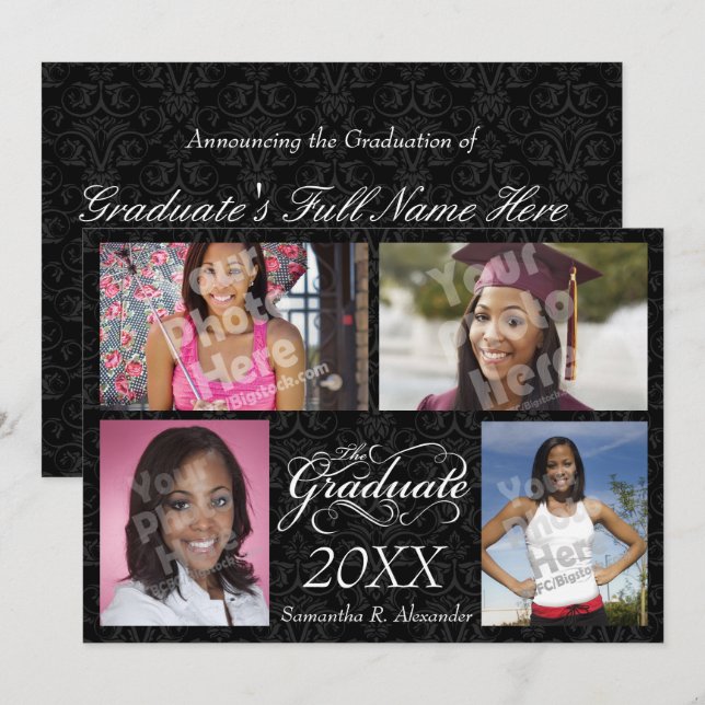Invitation Le Gradué, Élégant Noir (Devant / Derrière)