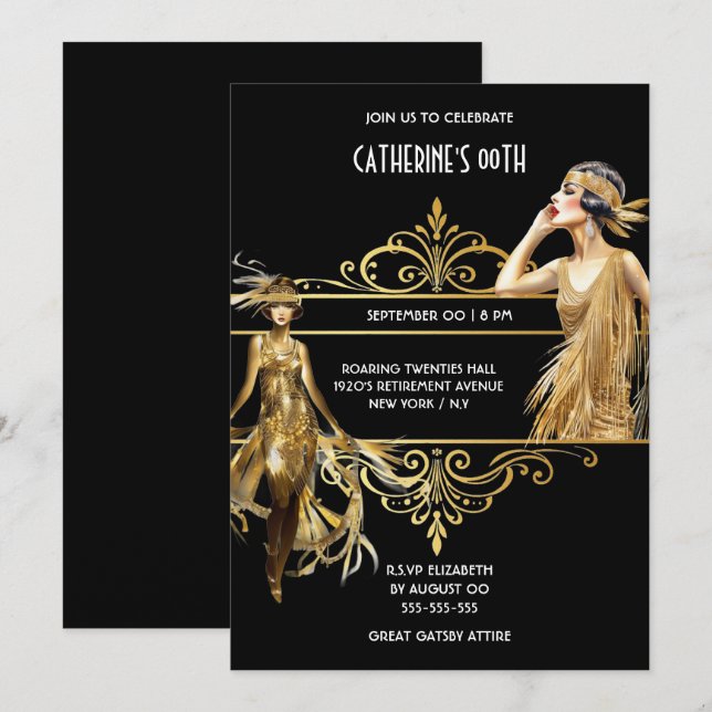 Invitation Le grand Gatsby anniversaire de l'or noir des anné (Devant / Derrière)