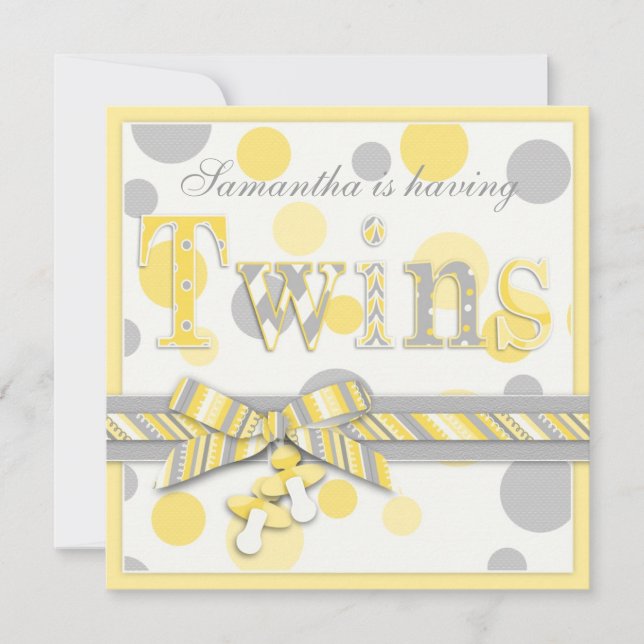 Invitation Le gris jumeau de jaune de bébés pointille le baby (Devant)