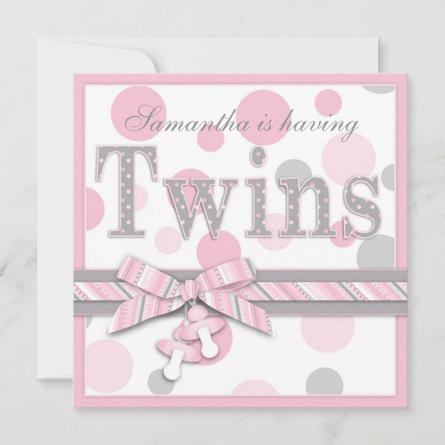 Invitation Le gris JUMEAU de rose de FILLES pointille le baby (Devant)