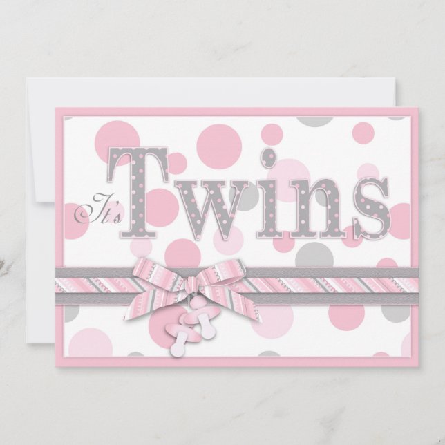 Invitation Le gris JUMEAU de rose de FILLES pointille le baby (Devant)