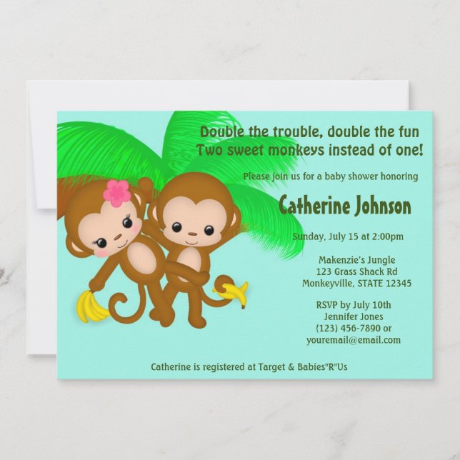 Invitation Le JUMEAU Monkeys la FILLE de GARÇON d'invitations (Devant)