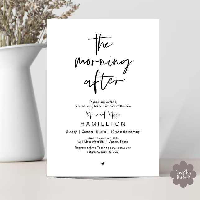 Invitation Le Lendemain, Brunch Après-Mariage (The Morning After, Post Wedding Brunch Elopement Modern Casual Invites Card PDF in Black White)