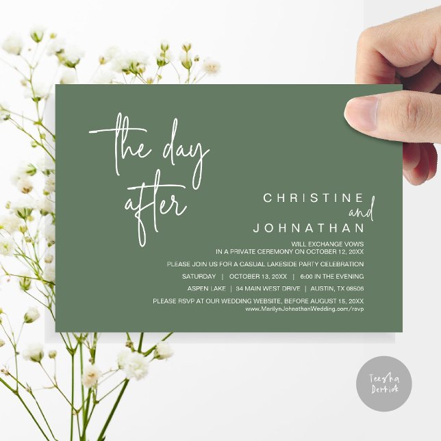 Invitation Le lendemain, fête de l'Elopement du Mariage, Sage (The Day After, Modern Post Wedding Party Invitation Card, PDF, in Sage Green)