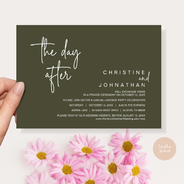 Invitation Le lendemain, fête de l'Elopement Post-Mariage, Ol (The Day After, Modern Post Wedding Party Invitation Card, PDF, in Olive green)
