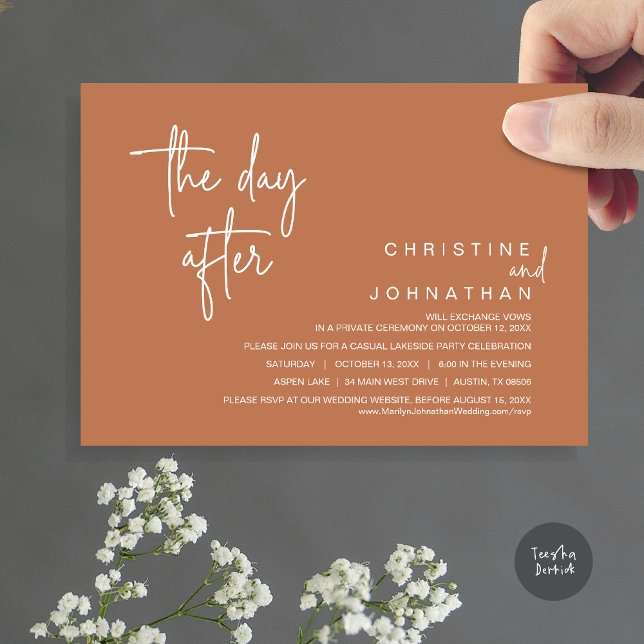 Invitation Le lendemain, le Mariage du parti Elopement Copper (The Day After, Modern Post Wedding Party Invitation Card, PDF, in Copper Rust)