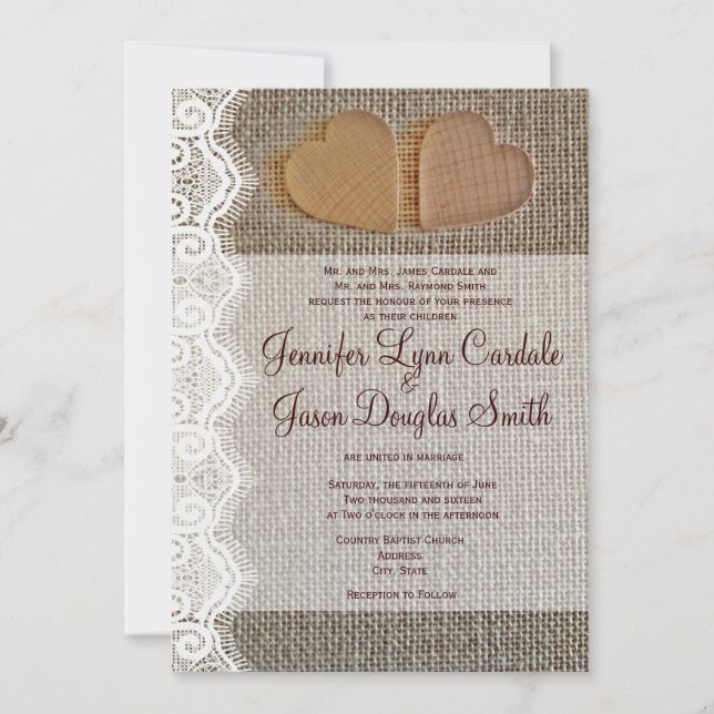 Invitation Le mariage de la dentelle de Burlap dans le coeur  (Devant)