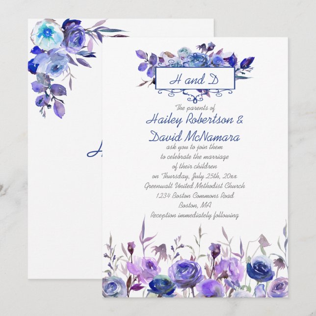 Invitation Le mariage des Roses de la Navy Blue Purple Lavend (Devant / Derrière)