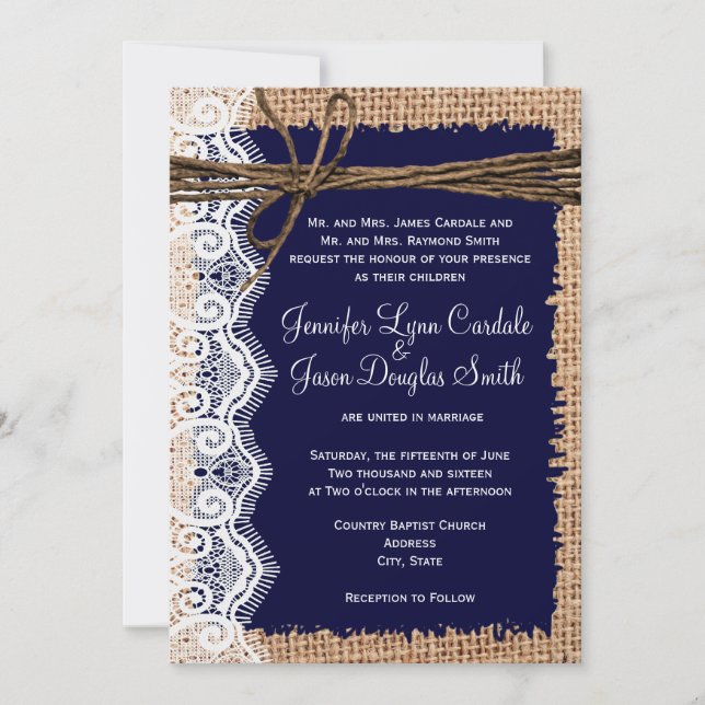 Invitation Le mariage rustique de la dentelle de Burlap en Ru (Devant)