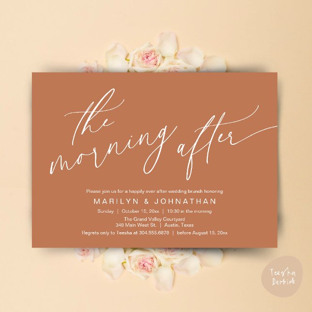 Invitation Le Matin Après, Heureusement Jamais Après Brunch (The Morning After, Happily Ever After Brunch Invitation Card PDF in Romantic Aesthetic Copper Brown)