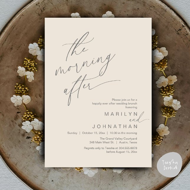 Invitation Le Matin Après, Heureusement Jamais Après Brunch (The Morning After, Happily Ever After Brunch Invitation Card PDF in Romantic Aesthetic Cream Grey)