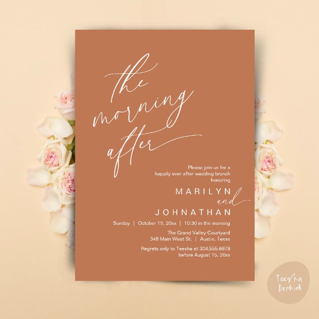 Invitation Le Matin Après, Heureusement Jamais Après Brunch (The Morning After, Happily Ever After Brunch Invitation Card PDF in Romantic Aesthetic Copper Brown)