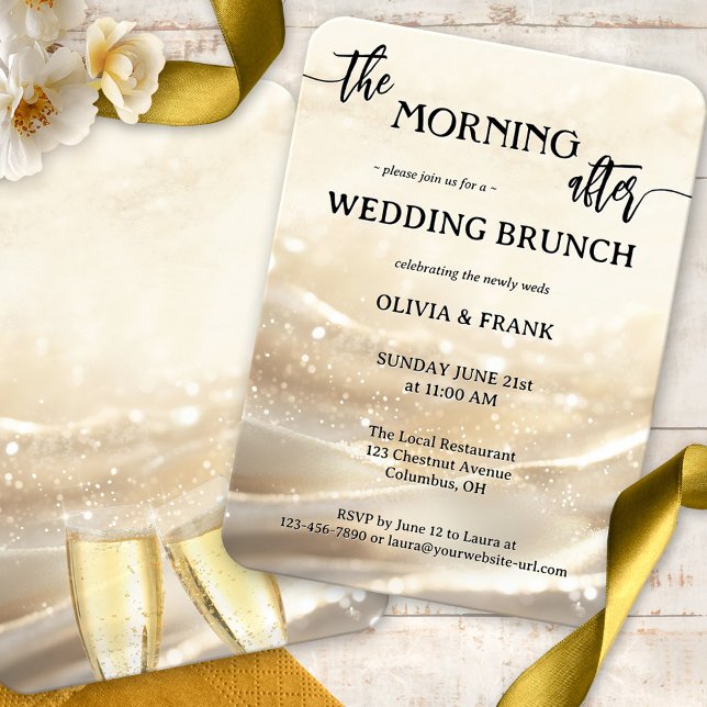 Invitation Le matin après le brunch Mariage à l'or mousseux (Modern boho chic wedding brunch invitation showing a festive design with gold sparkles and champagne)