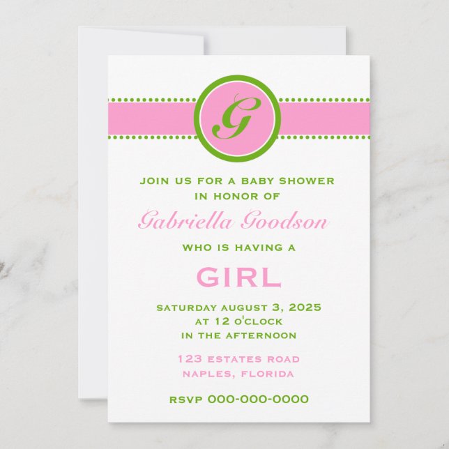 Invitation Le monogramme de très bon goût de rose et de vert (Devant)