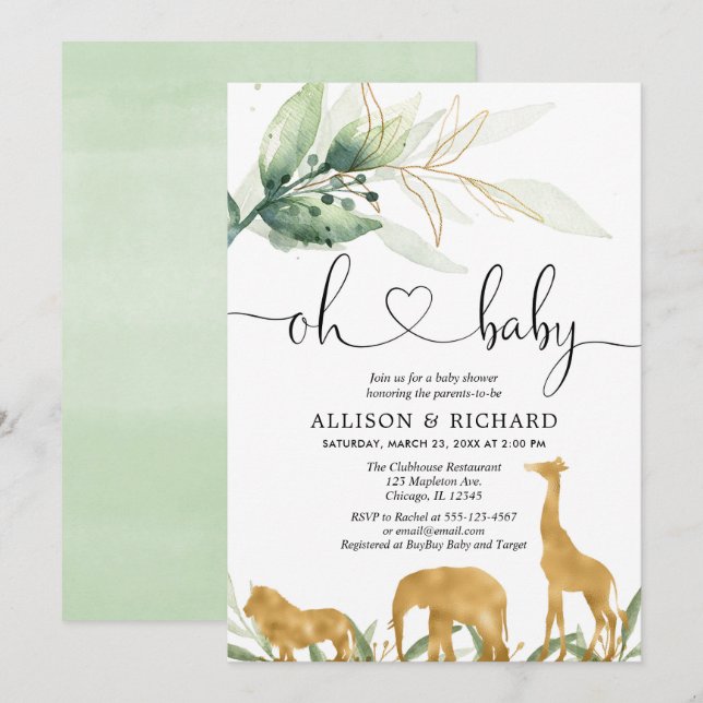 Invitation Le neutre de genre couple le baby shower, jungle (Devant / Derrière)