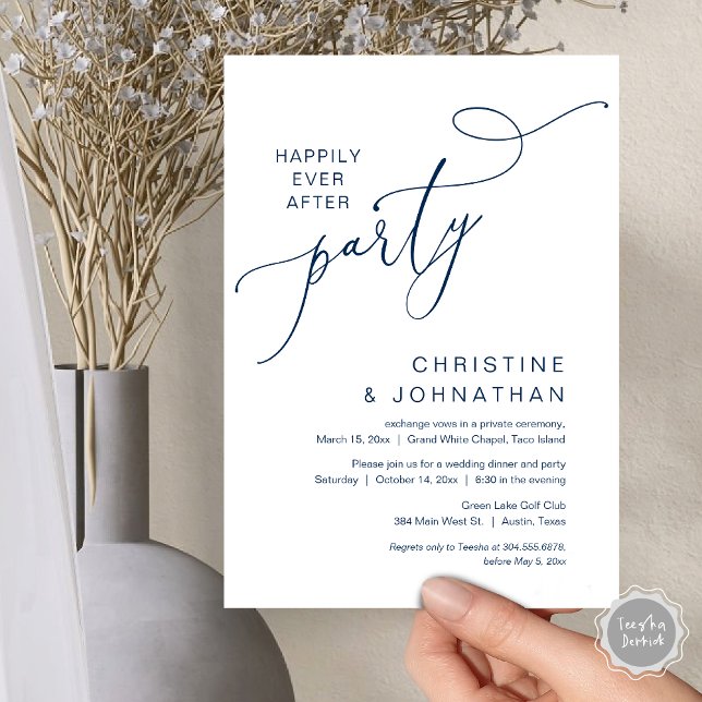 Invitation Le New Mr and Mrs, Mariage Elopement Dinner Party (Happily Ever After Party, Wedding Elopement Dinner Dancing Invitation Card, PDF, Navy Blue)